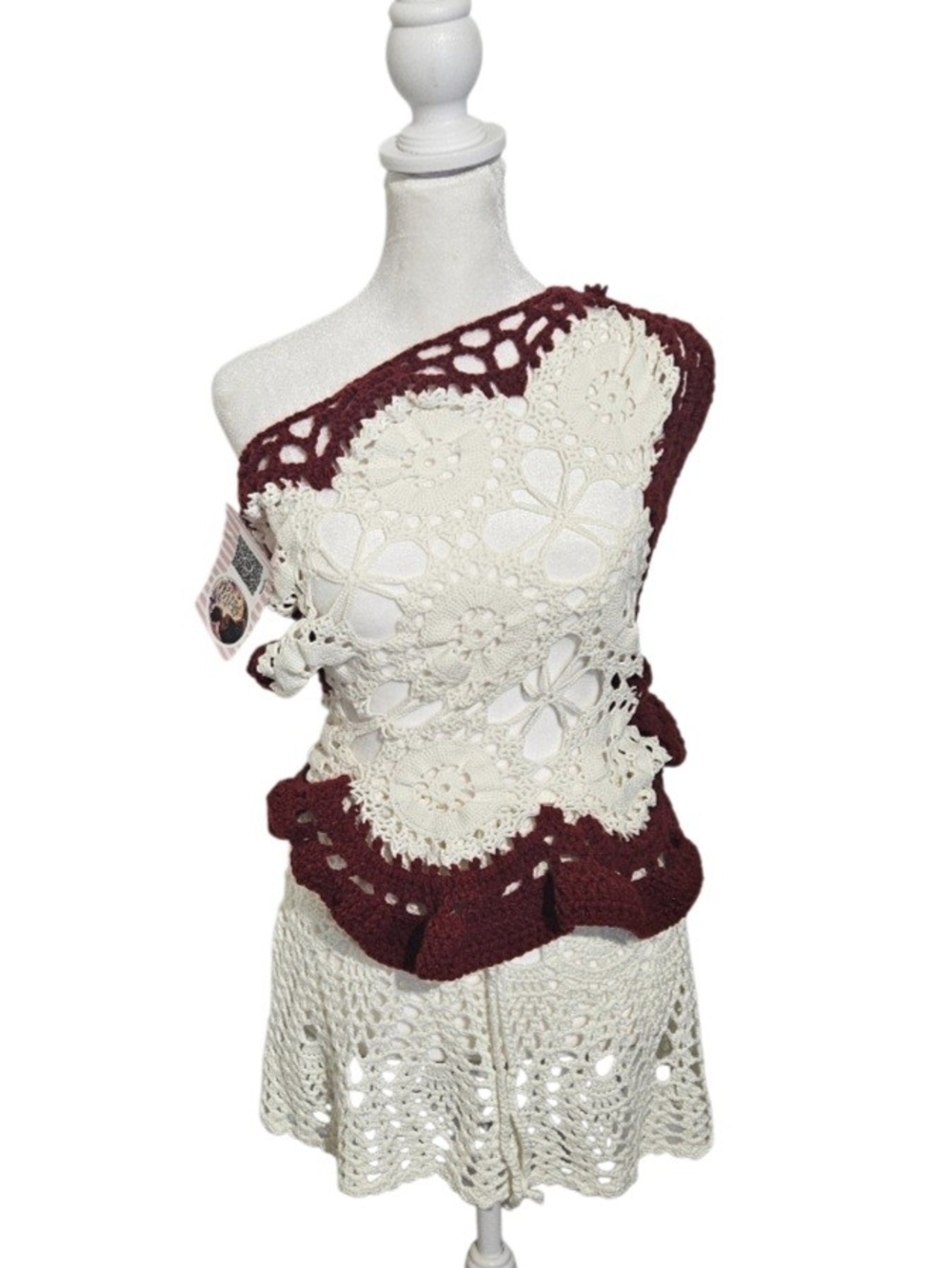 Hand Crafted White Burgundy Crochet Swim Coverup 2 Piece Set - Picture 13 of 17